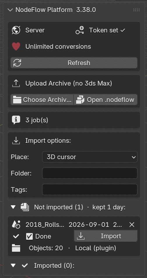 The NodeFlow Platform panel in Blender's side menu